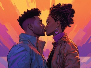 Wall Mural - Young African American young woman and guy stand at sunset facing each other