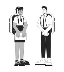 Canvas Print - Teenagers in school uniform communicate flat line black white vector characters. Editable outline full body education characters on white. Students simple cartoon spot illustration for web graphic