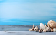 Summer Background With Seashells On Wooden Background