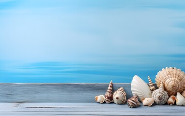 Summer background with seashells on wooden background