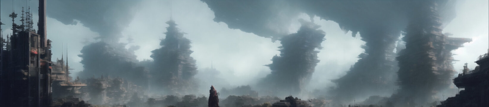 霧に包まれたゲームの世界に出てくるような壮大な崖などのイラスト
