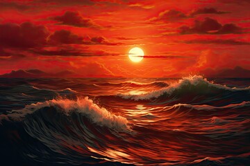 Wall Mural - big red sunset over the orange ocean. stunning nature shot of sun setting over the surging sea. gene