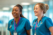 © MVProductions - Candid shot of two nurses laughing and talking in a hospital, showcasing positivity and collegiality. Generative AI