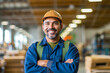 © MVProductions - Candid shot of confident Hispanic male factory worker with arms crossed, industrial construction industry and manufacturing. Generative AI