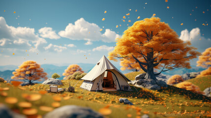 Tent in a field next to some beautiful small tree , Three-dimensional illustration with isometric view