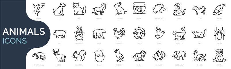 set of outline icons related to animals. linear icon collection. editable stroke. vector illustratio