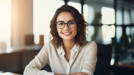 Wall Mural - Beautiful happy woman looking at camera while sitting at office