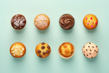 Top View Of The Delicious Biscuit Muffins. Assortment Of Simple Cupcakes Without Cream Isolated On A Pastel Light Flat Blue Background With Copy Space. Generative AI.