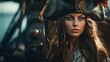 © QuietWord - brave woman pirate captain of naval fleet, fantasy portrait, Generative Ai