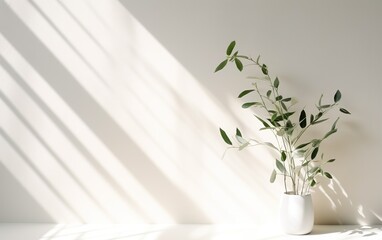 Wall Mural - Green plant leaves in white ceramic vase on blurred white wall, sunlight and long shadow, Minimal abstract background for cosmetic, skincare, beauty product presentation display.