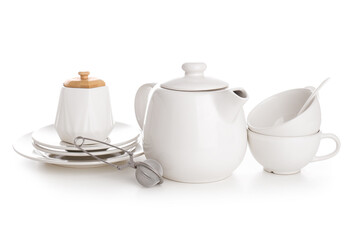 Poster - Ceramic teapot with cups, sugar bowl, tea infuser and saucers on white background