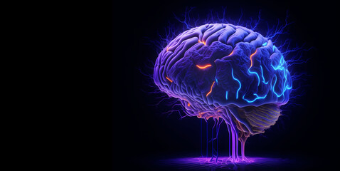 Human brain, hologram, dark background, AI Generative