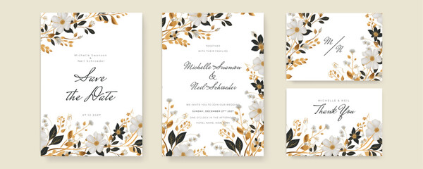 Wall Mural - Floral wedding invitation card template design, gold watercolor decorated with magnolia lili floral flowers on white