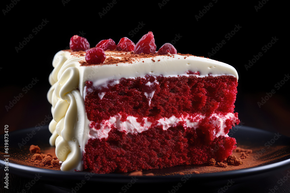 Triangular piece of red velvet cake with white vanilla cream filling ...