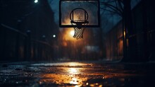View Of The Basketball Hoop At An Empty Urban Outdoor Court At Night Generative AI