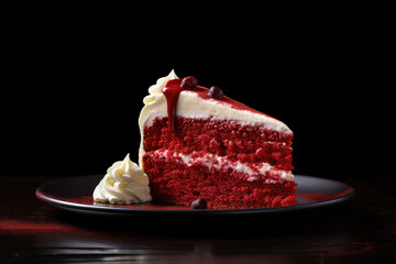 Triangular piece of red velvet cake with white vanilla cream filling isolated on black background. Slice of layered delicious classic cake. Generative AI photo.