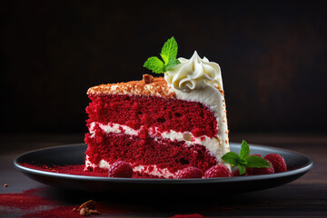 Triangular piece of red velvet cake with white vanilla cream filling isolated on black background. Slice of layered delicious classic cake with mint green leaf.  Generative AI photo.