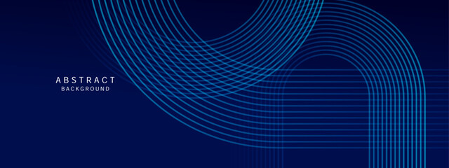 Abstract shiny geometric lines on blue background. Glowing blue diagonal rounded lines pattern. Modern banner template design with space for your text. Vector illustration