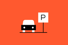 Vector Parking Illustration In Flat Design Style, Geometric Car Park Icon.