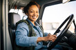 © MVProductions - Candid shot of a confident african american female delivery truck driver. Generative AI