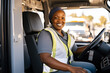 © MVProductions - Candid shot of a confident african american female delivery truck driver. Generative AI