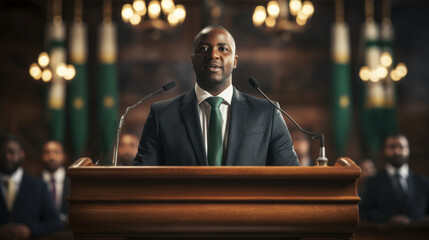 African american politician making a speech at a conference or meeting. Generative AI.