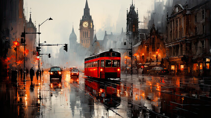 Painting of London in the Rain in an abstract expressionism style - Generative AI