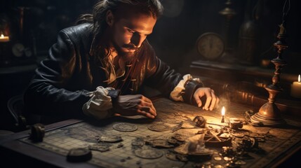 Wall Mural - pirate captain looking down on the map, great cabin of a pirate ship, lit by oil lamps, detailed worn treasure map on a table, coins, compass, dim lit - Generative AI