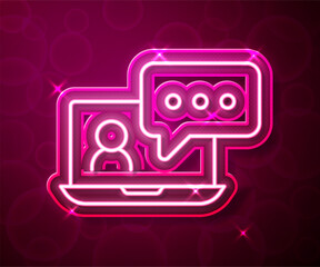 Canvas Print - Glowing neon line Video chat conference icon isolated on red background. Online meeting work form home. Remote project management. Vector