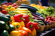 Vibrant summer farmers market brimming with a colorful array of fresh fruits and vegetables, closeup. Generative AI