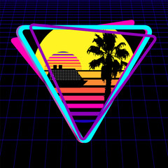 Triangle logo with palm trees silhouettes, cruise liner silhouettes, cyber laser grid on black background. Synthwave, vaporwave, retrowave 80s. Retro futuristic aesthetic solar circle emblem, logo