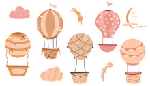 Air Hot Balloons Set. Cartoon Vintage Hot Air Balloons With Ribbons, Flags And Baskets For Children Room, Prints, Postcards, Prints And Fabrics. Vector Hand Draw Illustration In A Scandinavian Style.