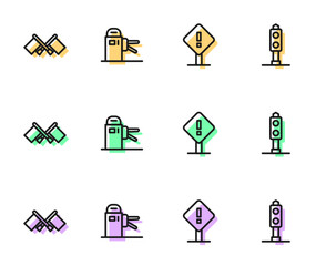 Sticker - Set line Exclamation mark in square, Flag, Turnstile and Train traffic light icon. Vector