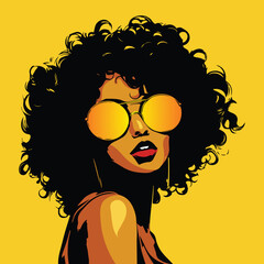 Illustration of an African American  Black Woman wearing sunglasses on a yellow background, Vector Art, Character design