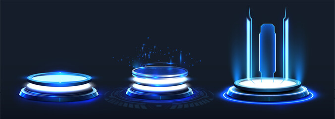 game portal ui with hologram light technology and neon circle effect. futuristic game technology, ro