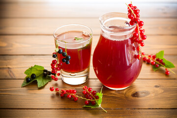 Wall Mural - fresh berry juice from red and black currant, on a wooden table