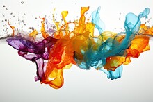 Abstract Multicolored Veil Fabric In Splashes Of Water On A White Background.