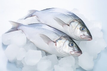 Two fresh sea fish Seabass on ice chips and cubes on a blue background.