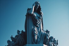 Statue Of Justice In Blue Sky Surrounded By People Believing In Justice With Covered Faces, Generative AI