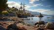 Pirate port overlooking old sailing ship Generative AI