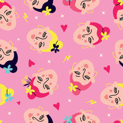 Wall Mural - Pink vibrant pattern with comical girly faces