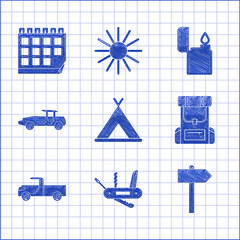 Poster - Set Tourist tent, Swiss army knife, Road traffic signpost, Hiking backpack, Pickup truck, Car, Lighter and Calendar icon. Vector