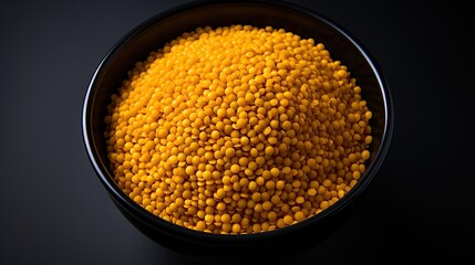 Yellow lentil in a black bowl on balck background