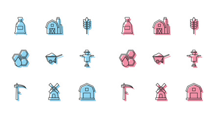 Sticker - Set line Scythe, Windmill, Bag of flour, Farm House concept, Wheelbarrow with dirt, Scarecrow, Honeycomb and icon. Vector