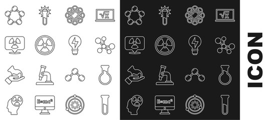 Poster - Set line Test tube and flask, Molecule, Atom, Radioactive, in location, and Light bulb with lightning icon. Vector