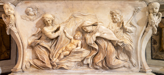 Poster - GENOVA, ITALY - MARCH 5, 2023: The marble relief of Nativity with the St. Therese in the church Chiesa di Santa Maria Maddalena by Tommaso Orsolino ( 1587 – 1675).