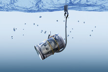 US 100 Dollar Bank Roll On A Fishing Hook Under Bluish Water. Illustration Of The Concept Of Bait Money Lure Or Bait Bills