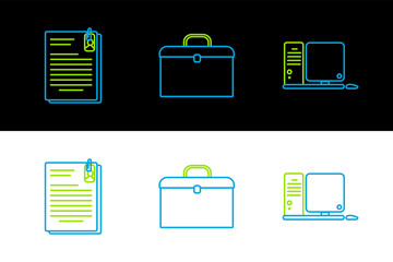 Sticker - Set line Computer monitor with keyboard and mouse, File document paper clip and Briefcase icon. Vector