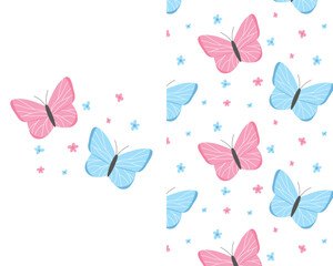  Kids set of prints with butterflies. Cute print with butterflies and flowers and butterflies seamless pattern. Vector illustration. Hand drawn childish cute prints.