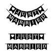 Just Married Hanging wedding decorative flags sign. Wedding invitation card. Vintage style. Black and white. Vector illustration.